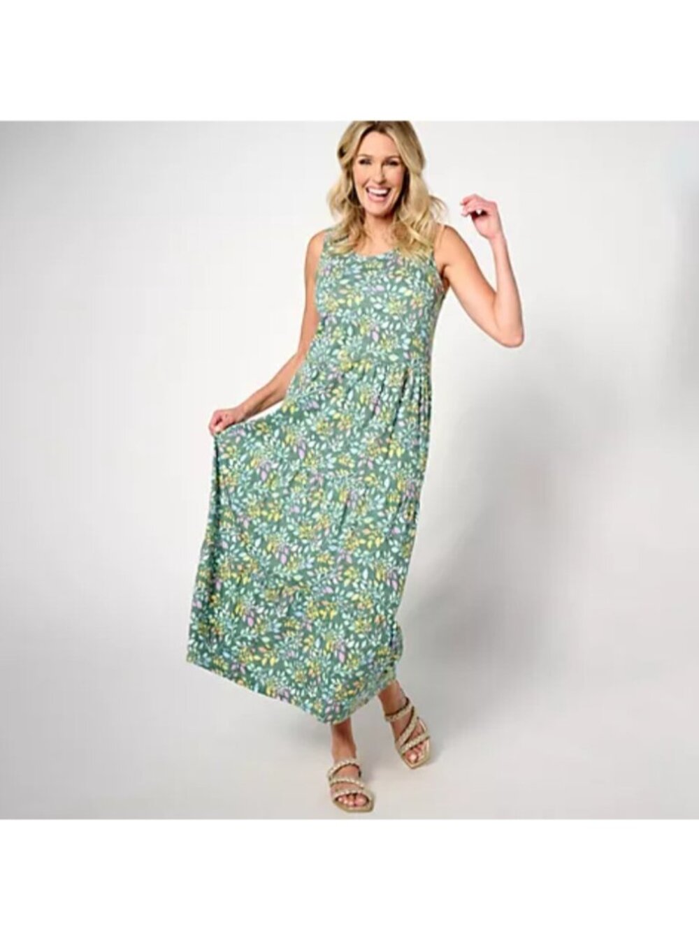 Denim & Co. Women  Dress sz 2XP Petite Beach Printed Knit Green Floral A588124